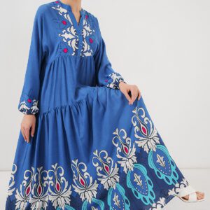 Μάξι Μπλε Boho Φόρεμα με Φούξ λεπτομέρειες