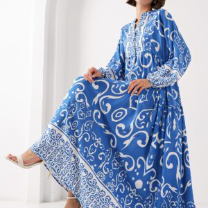 Μάξι Boho Φόρεμα μπλε με λευκό